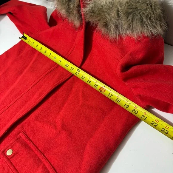 J. Crew cottagecore wool blend Red hoodie Pea Coat with Fur Hood size 10 - Picture 6 of 9